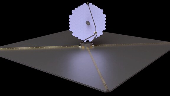 Konzept für das Luvoir-Weltraumteleskop: Zentral ist der Spiegel, der aus 120 sechseckigen Elementen zusammengesetzt ist. Er sitzt auf einem großen, trapezförmigen Schirm, der das Licht der Sonne abschirmt.