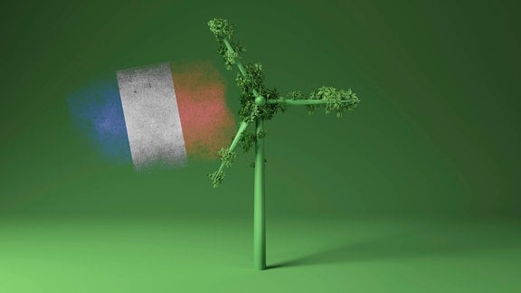 Grünes Windradmodell mit kleinen grünen Blättern auf Rotor vor grünem Hintergrund, darauf Bildmontage mit Frankreich-Flagge im genutzten Stil