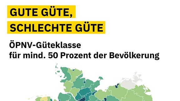 Karte zeigt ÖPNV-Güteklasse A bis F auf Landkreisebene auf Deutschlandkarte. Großstädte besonders gut, Mitteldeutschland okay, Bayern und Niedersachsen schlecht