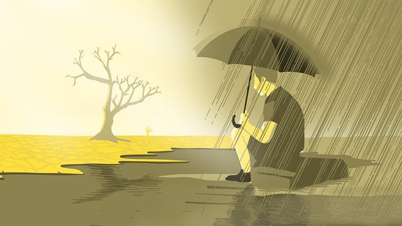 Illustration einer Person, die mit Schirm im Starkregen auf einem Stein sitzt und auf einen kargen Baum und durch Dürre geschädigten Boden blickt
