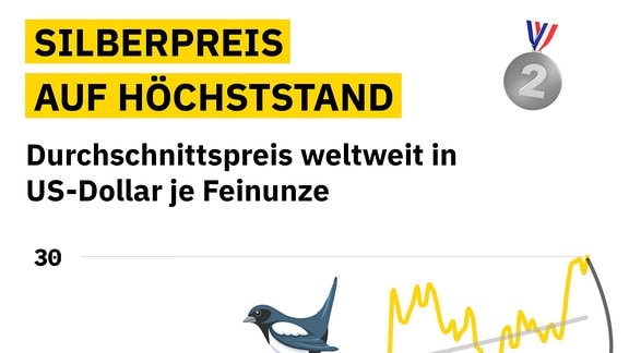 Grafik zeigt Verlauf Silberpreis mit hoch und runter seit 2014 aber Trend nach oben, Höchsttand im September 2024 mit 30,13 Dollar je Feinunze