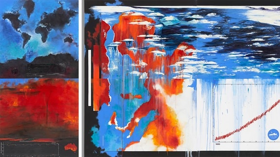 Ein Gemälde, dass steigende Durchschnittstemperaturen als abstrakte Kunst zeigt in blauen und roten Farben.