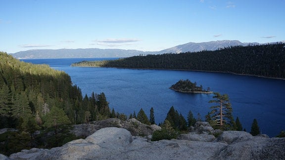 Tannenwälder rund um South Lake Tahoe mit Hügeln im Hintergrund.