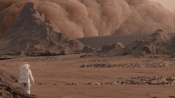 eine fiktive Darstellung vom Mars mit einem Astronauten