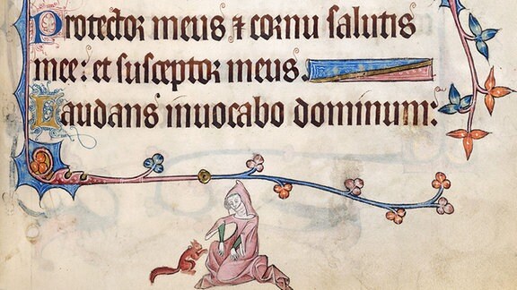 Eine Dame spielt mit einem Eichhörnchen, das ein Halsband trägt. Ausschnitt aus dem Luttrell-Psalter aus dem frühen 14. Jahrhundert.