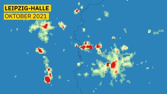 Karte zeigt Strahldichte im Oktober 2021 im Ballungsraumm Leipzig Halle mit viel Licht in den Stadtzentren und in Raffinerie Leuna sowie Flughafen