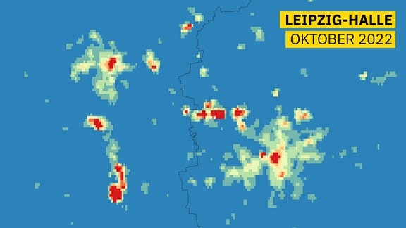 Karte zeigt Strahldichte im Oktober 2022 im Ballungsraumm Leipzig Halle mit viel Licht in den Stadtzentren und in Raffinerie Leuna sowie Flughafen.