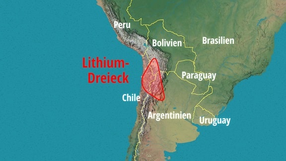 Karte mit dem Lithiumdreieck genannten Gebiet am Dreiländereck von Chile, Argentinien und Bolivien