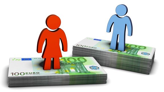 Frau- und Mannfiguren auf unterschiedlich hohen Geldstapeln