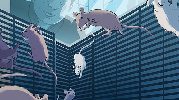 Illustration von Mäusen, die sich an ihr speziell entwickeltes Weltraumhabitat an Bord der Internationalen Raumstation anpassen