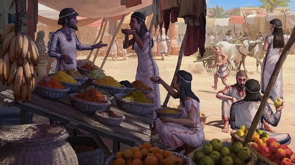Illustration eines Marktes in der Bronzezeit