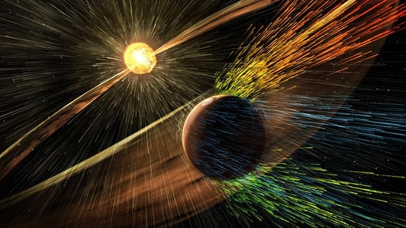 Illustration - Sonnensturm löst Teilchen aus Mars-Atmosphäre