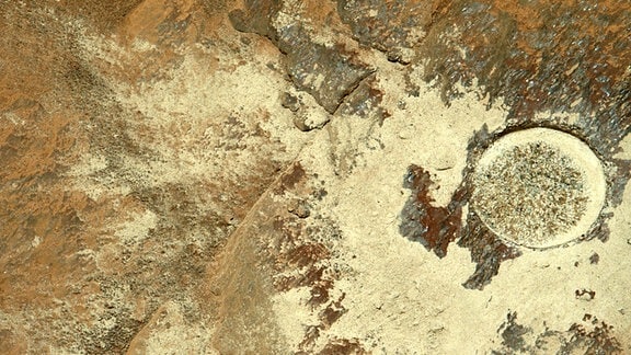 Aufname einer Stelle zur Probenentnahme auf dem Mars. Das Bild entstand am 11. November 2021 und zeigt braun-rötliches Gestein mit gelblichen Flecken. An der rechten Bildhälfte ist ein kreisrundes, nur wenige Milimeter tiefes Loch zusehen, das eine Anhäufung von Mineralien aufweist. 