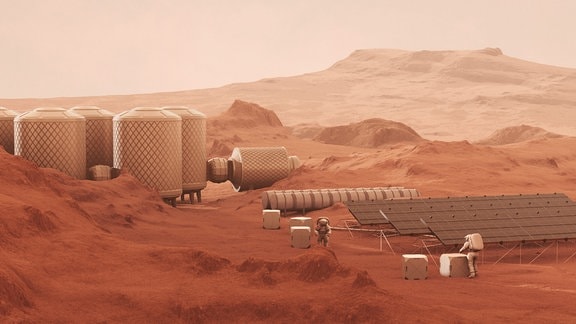 Illustration zeigt zwei Menschen in Raumanzügen auf der Marsoberfläche, die neben Sonnenkollektoren und größeren Silo-artigen Bauwerken stehen und an weißen Kisten arbeiten.