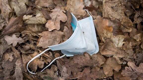 Mund-Nasen-Schutz liegt in Herbstlaub