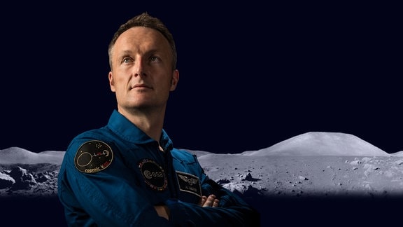 Eine Weltraum-Collage von Esa-Astronaut Matthias Maurer auf der Mondoberfläche.