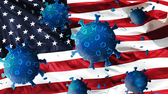 Flagge der USA hinter Viren
