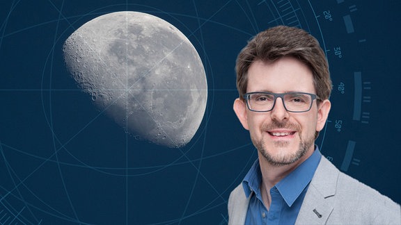 Eine Weltraum-Kollage mit Dirk Schlesier, dem Leiter des Planetariums in Halle (Saale), im Vordergrund. 