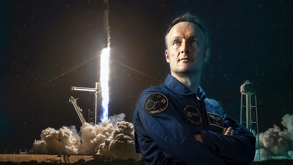 Eine Collage, die den Raketenstart einer Crew Dragon von SpaceX und den ESA-Astonauten Matthias Maurer zeigt. Maurer soll mit der Crew-3 Mission zur ISS fliegen.