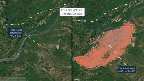 Der Waldbrand von Fox Lake (Alberta, Kanada) am 3. und 8. Mai 2023 vom Weltraum aus aufgenommen.