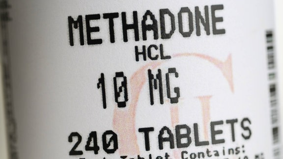 Etikett auf einer Flasche Methadon-Tabletten