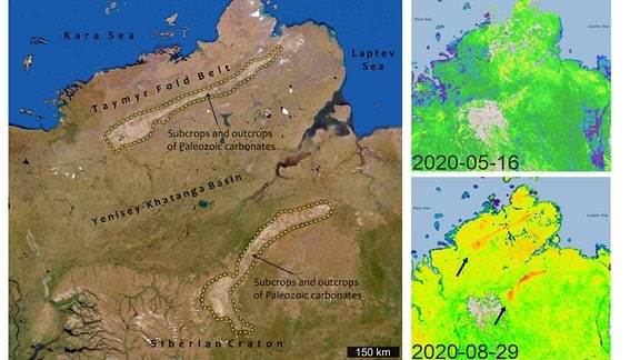 Satellitenbild und atmosphärische Methankonzentrationen im Mai und August 2020 von der Taymyr-Halbinsel, Nordsibirien. Die hellgrauen Streifen auf dem Satellitenbild sind Aufschlussgebiete von Karbonatformationen, die an das kohlenwasserstoffhaltige Jenissej-Khatanga-Becken grenzen.