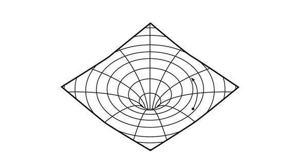 Ein auf der Spitze stehendes Quadrat, in dem Kreise und - senkrecht dazu - Linien zu sehen sind. In der Mitte "ziehen" Kreise und Linie scheinbar in die Tiefe.