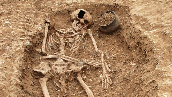 Das ausgegrabene Skelett eines Menschen liegt in einem Erdloch
