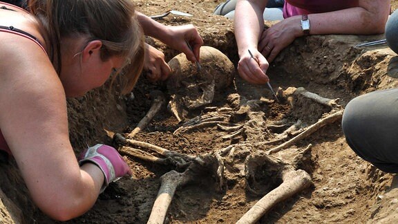 Drei Frauen befreien mit Pinseln und kleinen Werkzeugen vorsichtig ein Skelett von Erde