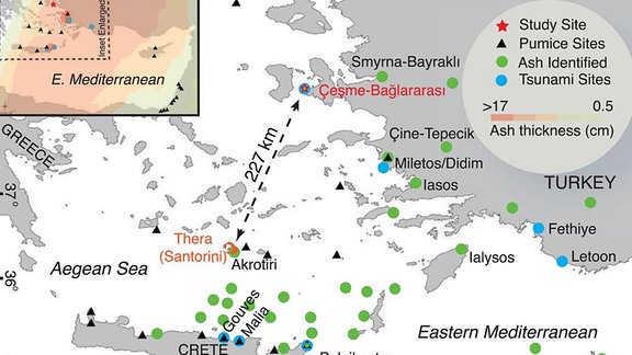 Östliches Mittelmeer mit Stätten mit Verbindung zum Thera-Ausbruch