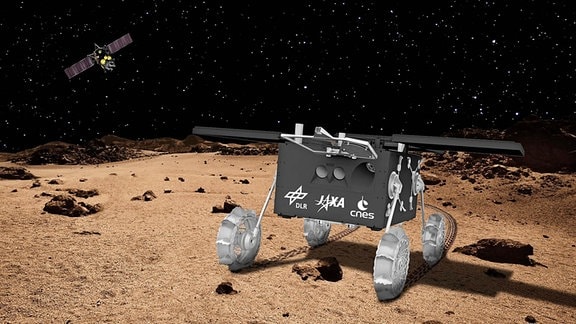 Eine künstlerische Darstellung des Deutsch-französischer MMX-Rover Idefix auf Mars-Mond Phobos