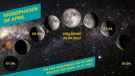 Eine Infografik zu den unterschiedlichen Mondphasen für den April in 2022. 