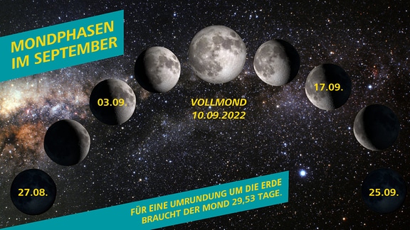 Eine Infografik zu den unterschiedlichen Mondphasen für den September in 2022. 