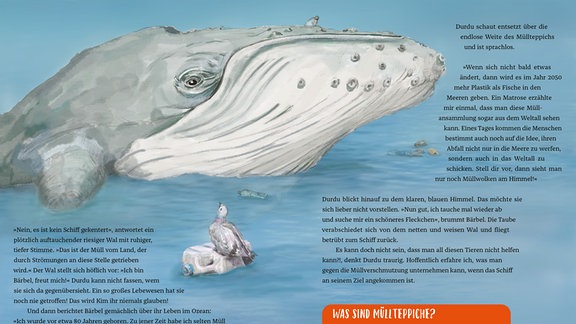 Ein Wal taucht aus dem Meer auf und schildert Durdu die dramatische Situation, die durch den Plastikmüll in seinem Lebensraum eingetreten ist. 