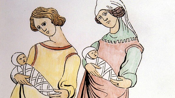 EIne Zeichnung zeigt Mütter mit eingewickelten Babys im 13. Jahrhundert.