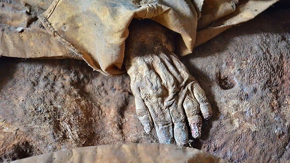 Linke Hand einer Baby-Mumie, auf dem Bauch liegend