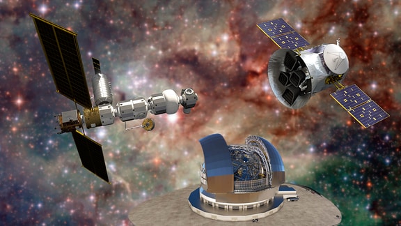 Collage, die die Weltraumforschungsprojekte Lunar Gateway, Extremely Large Telescope und TESS vor dem Hintergrund einer Aufnahme des Hubble-Weltraumteleskops zeigt.