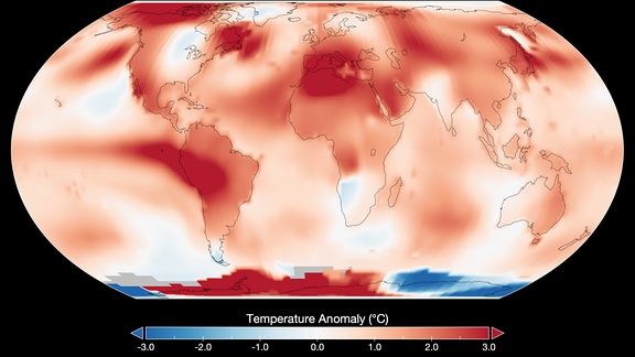 Diese Grafik der US-Raumfahrtbehörde Nasa zeigt eine Weltkarte mit den globalen Temperaturanomalien für Juli 2023, also wo es wie viel wärmer war als gewöhnlich in diesem Monat.