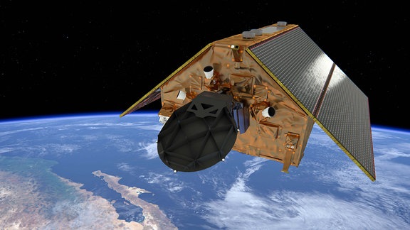 Künstlerische Darstellung des Satelliten "Copernicus Sentinel-6 Michael Freilich" über der Erde. 