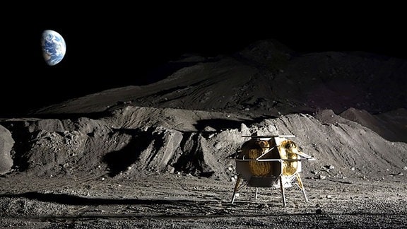 Eine künstlerische Darstellung des Mondlandefahrzeugs Peregrine von Astrobotic auf der Mondoberfläche. Im Hintergrund befindet sich die leuchtend blaue Erde.