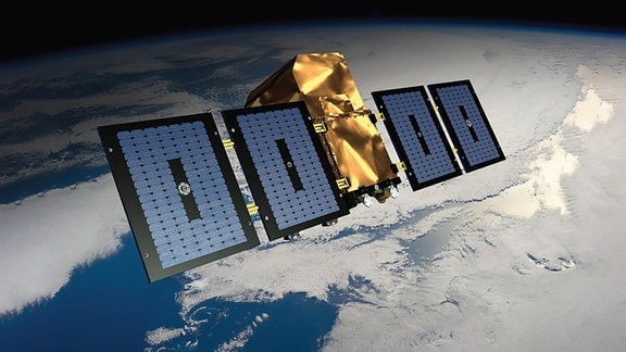 Künstlerische Darstellung des Quantum-Satelliten von Eutelsat, Airbus und Surrey Satellite Technology. Im Hintergrund befindet sich die Erde und der Weltraum.