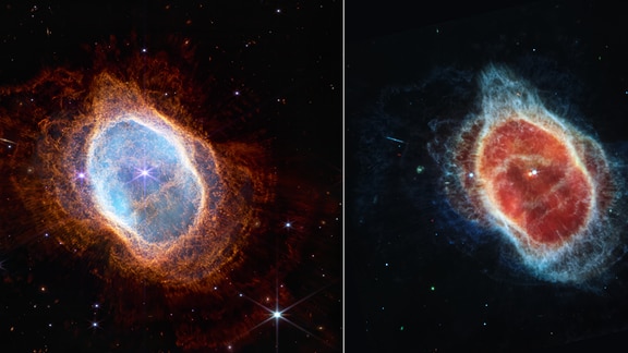 Farbaufnahmen des James Webb-Weltraumteleskops vom Südlichen Ringnebels mit zwei verschiedenen Messgeräten.  