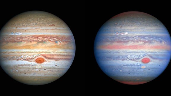 [Links] Dieses neueste Bild von Jupiter mit sichtbarem Licht wurde am 25. August 2020 vom Hubble-Weltraumteleskop aufgenommen und aufgenommen, als sich der Planet 653 Millionen Kilometer von der Erde entfernt befand. Hubbles scharfe Sicht gibt Forschern einen aktualisierten Wetterbericht über die turbulente Atmosphäre des Monsterplaneten, einschließlich eines bemerkenswerten neuen Sturms und eines Cousins ​​des Großen Roten Flecks, der erneut die Farbe wechselt. Das neue Bild zeigt auch Jupiters eisigen Mond Europa.  [Rechts] Diese Multiwellenlängenbeobachtung von Jupiter im ultravioletten / sichtbaren / nahen Infrarotlicht wurde am 25. August 2020 vom Hubble-Weltraumteleskop aufgenommen und bietet Forschern eine völlig neue Sicht auf den Riesenplaneten. Die Nahinfrarot-Bildgebung von Hubble in Kombination mit ultravioletten Ansichten bietet einen einzigartigen panchromatischen Look, der Einblicke in die Höhe und Verteilung des Dunstes und der Partikel des Planeten bietet. Dies ergänzt Hubbles Bilder mit sichtbarem Licht, die die sich ständig ändernden Wolkenmuster zeigen.