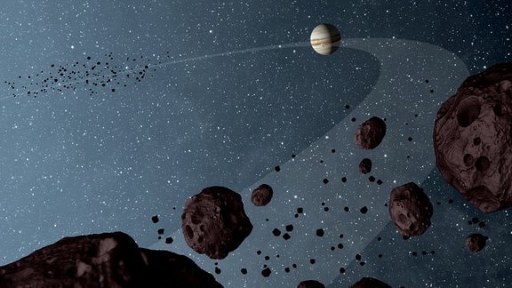 Eine Infografik der amerikanischen Raumfahrtbehörde NASA zu den Jupiter-Trojanern. Das sind Asteroiden auf der Jupiter-Umlaufbahn. Die Raumsonde Lucy soll mehrere dieser Trojaner anfliegen.
