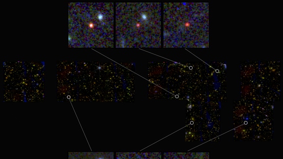 Diese Bilder sind eine Zusammenstellung von Einzelbelichtungen, die vom James Webb Space Telescope mit dem NIRCam-Instrument aufgenommen wurden. Es wurden mehrere Filter verwendet, um bestimmte Wellenlängen des nahen Infrarots zu erfassen. Das Farbbild ergibt sich aus der Zuordnung von Bildern, die bei einer Wellenlänge von 1,5 Mikron aufgenommen wurden, zu Blau, 2,8 Mikron zu Grün und 4,4 Mikron zu Rot.