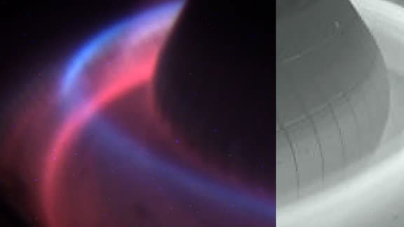 Der sogenannte X-Punkt-Strahler strahlt neben UV-Licht auch sichtbares blaues Licht in einem ringförmigen Bereich oberhalb des Divertors ab. Das linke Bild zeigt eine Kameraaufnahme (unten das normale rote Leuchten des kalten Plasmarands). Rechts ist eine numerische Simulation des X-Punkt-Strahlers zu sehen.