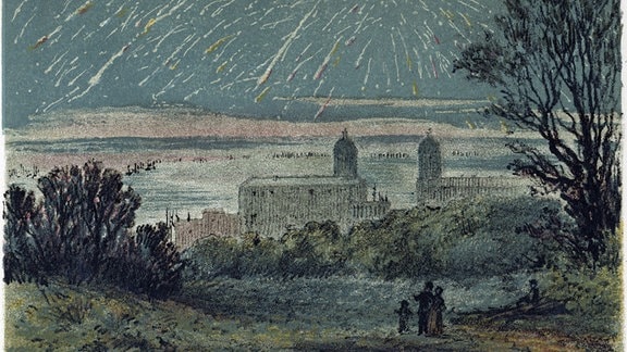 Meteoritenschauer der Leoniden über Greenwich auf einer Postkarte