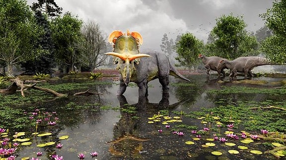 Grafische Darstellung des Lokiceratop-Dinosauriers, der in einem Sumpf steht