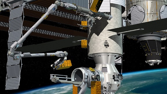 Künstlerische darstellung des neuen ISS-Moduls Nauka mit dem neuen Roboterarm