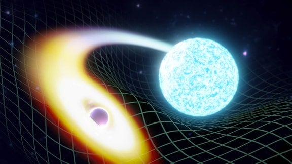 Künstlerische Darstellung eines Neutronensterns, der mit einem Schwarzen Loch verschmilzt.